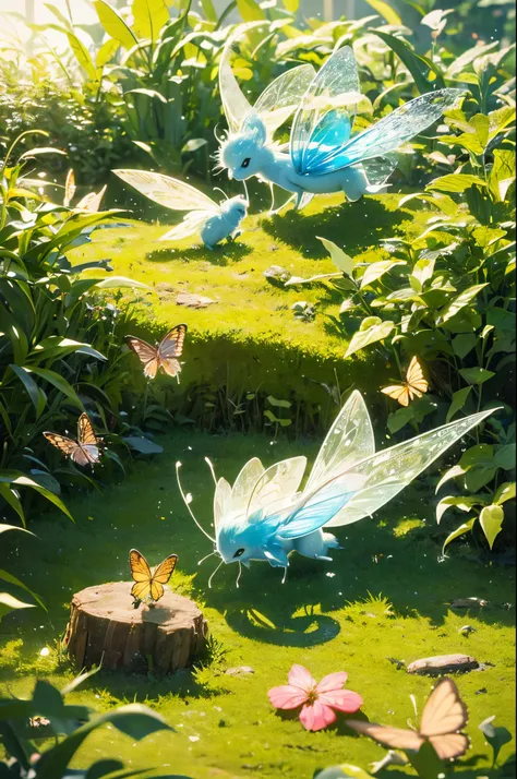 in this wonderful work of art, Whimsical and endearing scenes come to life. at centre, fascinating macro photography、Capturing heartwarming scenes of small animals。, Adorable fairy playing with butterflies . lively grass, decorated with dew drops, Create a...