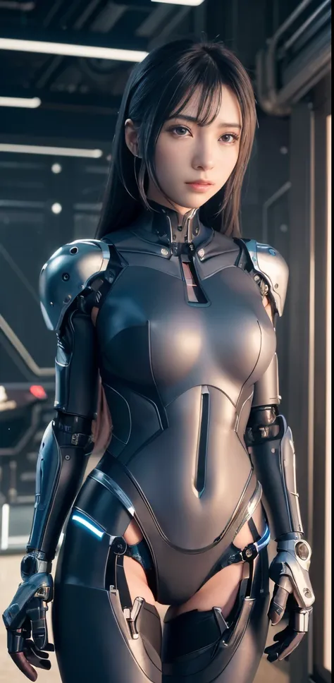 ​masterpiece、((Volleyball Uniforms))、 ((a beauty girl:1.4))、Metal Chest Protector、((Metal bikini))、Mechanized body、Mechanized chest and abdomen、Mechanized occipital、Mechanized legs、Mechanical joints、Black metallic suit tight to the body、is standing、Tied up...