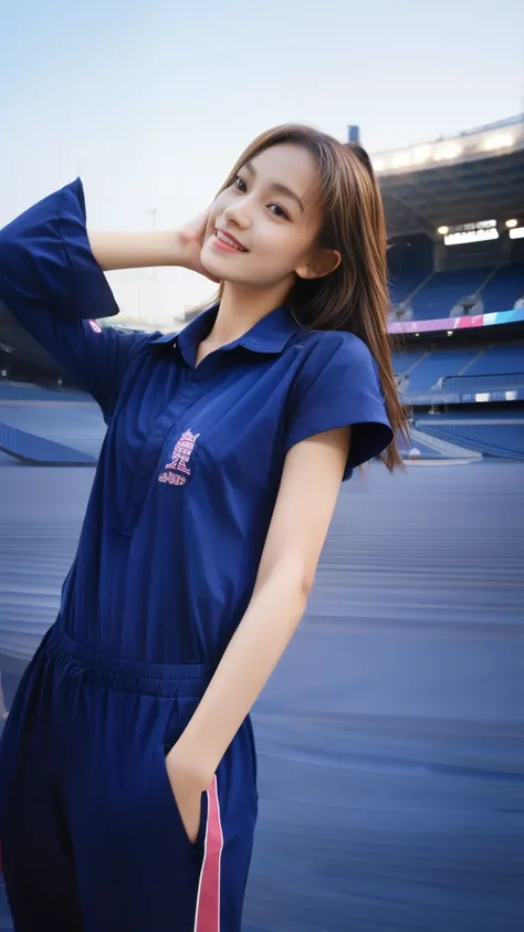 (bestquality,10,10,highres,masterpiece:1.2),ultra-detail,(Realistic,photorealistic portrait,photo-realistic:1.37),1 Cute girl in the football field,oily shiny skin,bara,light smile,BDclothes,((blue shirt:1.3)),short sleeves,shirt, trousers.,(navy_long_Pant...