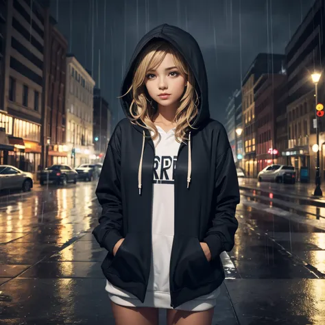 Beautiful girl wearing a hoodie standing in the middle of the city in the rain Its raining