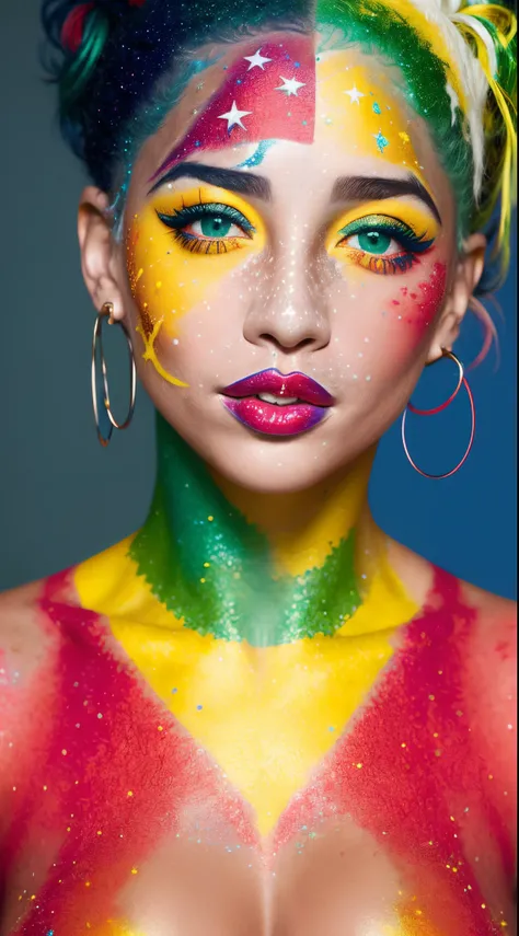 beautiful extra small lady, freckles, brilliant glitter makeup, (red and blue and yellow and green and vitiligo skin: 1.5), perfect sexy breasts, hyperdetailed photography, soft light, head and breast portrait, cover,, best quality, (detailed beautiful fac...