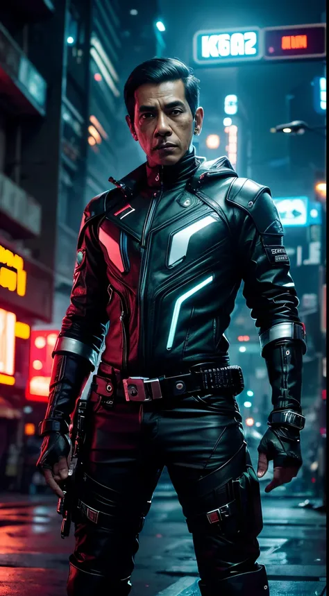 cyber punk Jokowi Indonesian,(top-quality、8K、32K、​masterpiece)、(The ultra -The high-definition)、(Photorealsitic:1.4), dynamic pose, cowboy shot, cyberpunk fashion,depth of fields, cyberpunk city background, cinematic lighting.