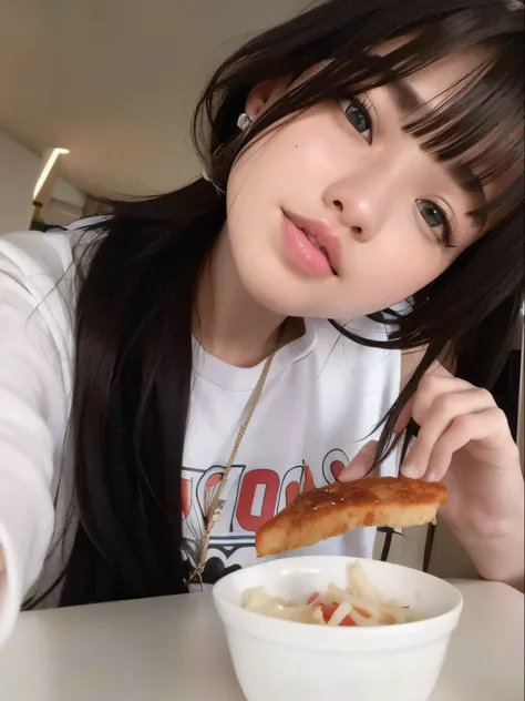 there is a woman sitting at a table with a bowl of food, Ulzzang, Mukbang, Lalisa Manobal, menina coreana, Comer, franja fofa, Ela tem cabelo preto com franja, 19-year-old girl, Menina chinesa, Sakimichan, Lalisa Manoban do Blackpink, com batatas fritas, O...