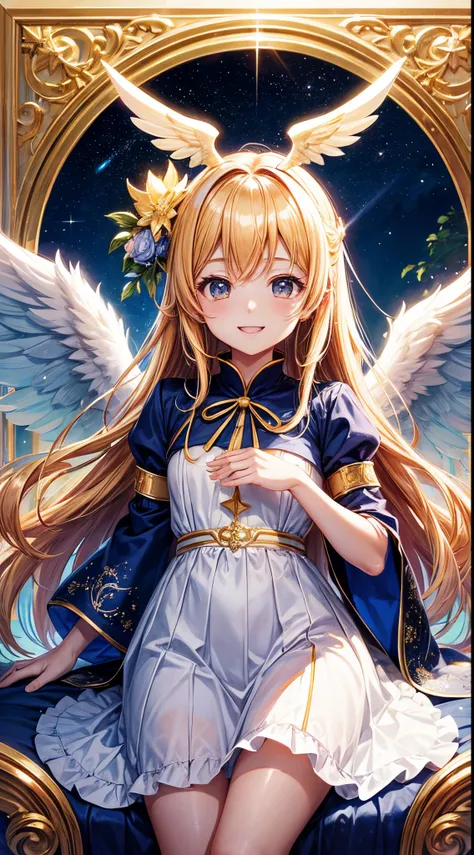 masutepiece、Best Quality、ultra-detailliert、high-level image quality、star-studded night sky、Have angel wings、Illustrator、kawaii、Lori、A smile、long golden hair、