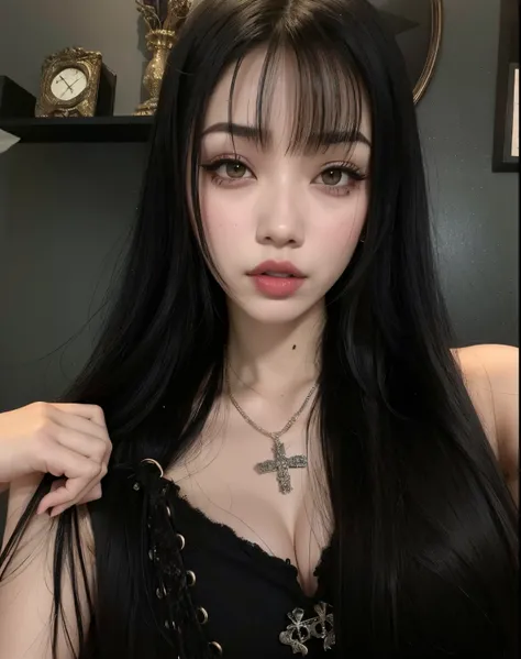 Araffe Asian woman with long black hair and a cross necklace, cruel korean goth girl, goth girl aesthetic, pale goth beauty, 1 7 - year - old goth girl, 1 7 - year - old anime goth girl, gothic aesthetic, goth girl, com cabelos longos e olhos penetrantes, ...