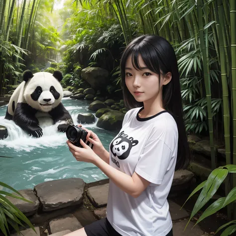 A beautiful white-skinned girl Wearing a fuschia color t-shirt  is taking a photo with a panda close up in a bamboo garden with a clear river flow