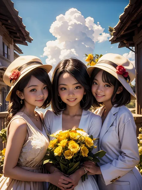 Three girl graduates wearing caps and gowns, smiling happily together for a group photo, holding a bouquet of flowers, the background of the sky, the scene of the school, in Temmie Changs style, warm tones, animation, oil painting, Fernando Amosolo, lovely...