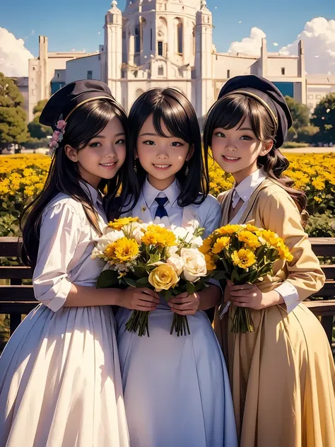 Three girl graduates wearing caps and gowns, smiling happily together for a group photo, holding a bouquet of flowers, the background of the sky, the scene of the school, in Temmie Changs style, warm tones, animation, oil painting, Fernando Amosolo, lovely...