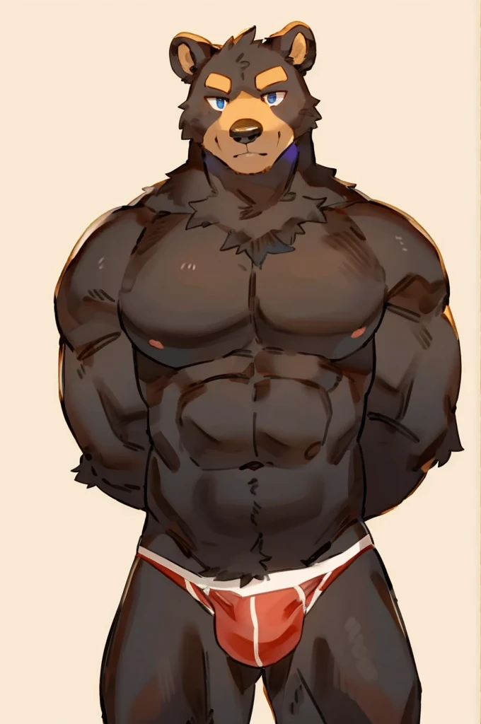 Solo, Furry, Bear, Anthro, Male, E621, Standing, Muscular, Hands behind back, Wearing underwear, Plain background, Front view, Black fur, By buta99