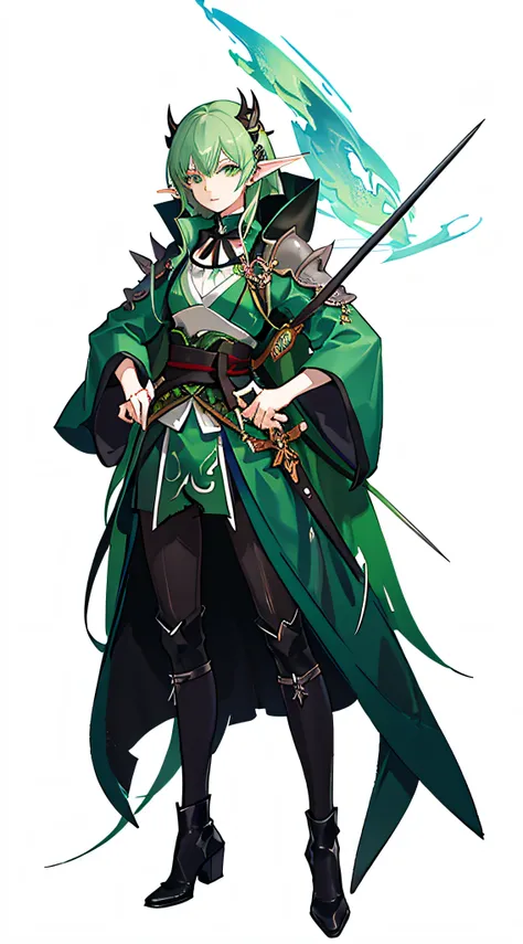 Close-up of a man wearing green clothes and wings, Demon Slayer: Rui fan art, character design contest winner, demon slayer artstyle, Great character design, character full body portrait, Highly detailed character design, Elf girl in floral suit, character...