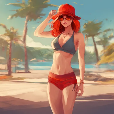 Hot red hair lady on sunny day wearing bikini and beanie