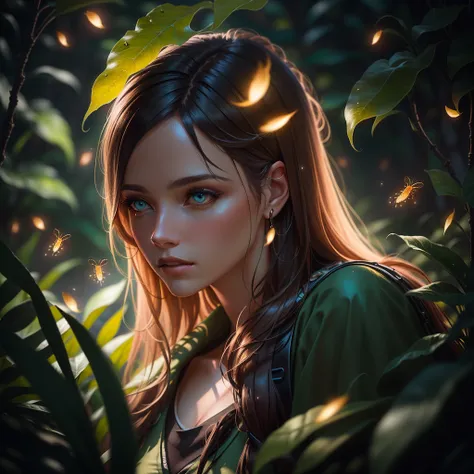 woman in jungle surrounded by fireflies, Fantasy, Octane render, Cinematic lighting, Macro photography, Macro lens, Close up, Highly detailed