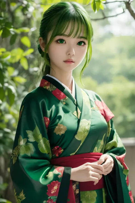 (((Green world:1.3)))、Best Quality, masutepiece, High resolution, (((1girl in))), sixteen years old,(((Eyes are green:1.3)))、Yamato Nadeshiko wears kimono beautifully、((Deep green kimono with red floral pattern,dark colored kimono)), Tindall Effect, Realis...