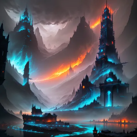 There is a photo of a fantastic city with a river in the middle, inspired by Andreas Rocha, andreas rocha style, Fantasy Epic Digital Art, the style of andreas rocha, epic fantasy digital art style, Dark Fantasy City, an ancient city on fire, 8k stunning a...