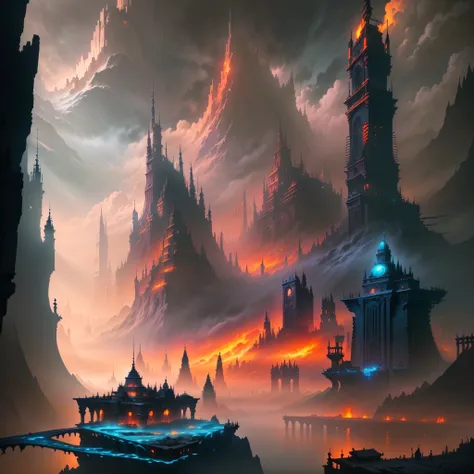 There is a photo of a fantastic city with a river in the middle, inspired by Andreas Rocha, andreas rocha style, Fantasy Epic Digital Art, the style of andreas rocha, epic fantasy digital art style, Dark Fantasy City, an ancient city on fire, 8k stunning a...