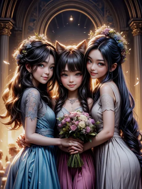 Three girl graduates wearing caps and gowns, smiling happily together for a group photo, holding a bouquet of flowers, the background of the sky, the scene of the school, in Temmie Changs style, warm tones, animation, oil painting, Fernando Amosolo, lovely...