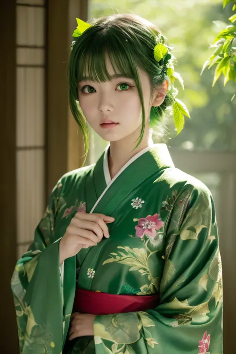 (((Green world:1.3)))、Best Quality, masutepiece, High resolution, (((1girl in))), sixteen years old,(((Eyes are green:1.3)))、Yamato Nadeshiko wears kimono beautifully、((Deep green kimono with red floral pattern,dark colored kimono)), Tindall Effect, Realis...