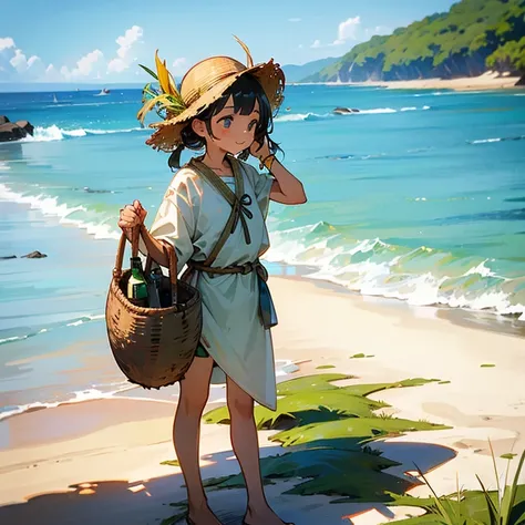 girl living on an island（island tribe、wearing clothes made of grass、thigh、bare-legged、、Wear natural accessories）He is happy to find a bottle with a letter on the beach.、to stand、Evening glow