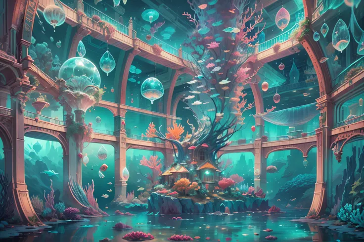 ((nood)), ((tmasterpiece)), (A detailed))，translucent underwater ice palace，colorful atlantis city，Colorful underwater kingdom，Futuristic underwater city，futuristic technology，Alien Technology，colorful magical sea creatures，Cyberpunk of the future，Surreal ...