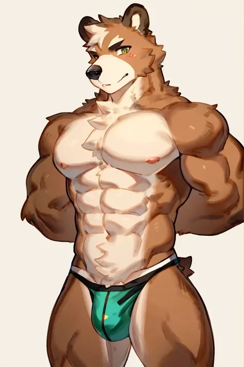 Solo, Furry, Bear, Anthro, Male, E621, Standing, Muscular, Hands behind back, Wearing underwear, Plain background, Front view, Clara fur, By buta99