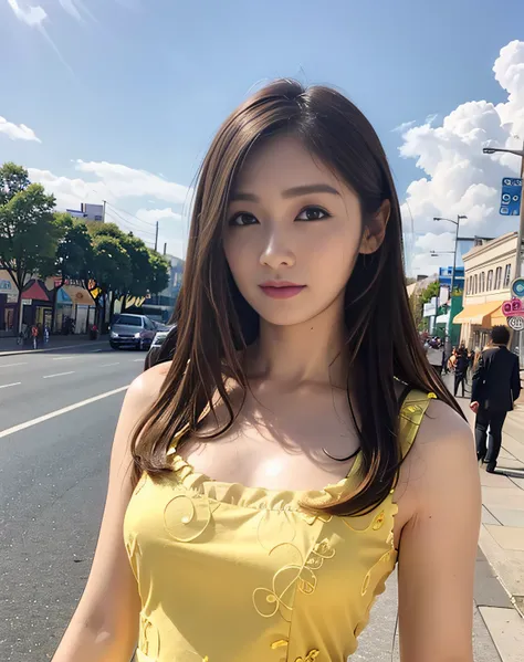 a woman wearing a yellow dress posing on a street corner, top-quality, hight resolution, 8k, 1girl in,  (a street:0.8), (a perso...