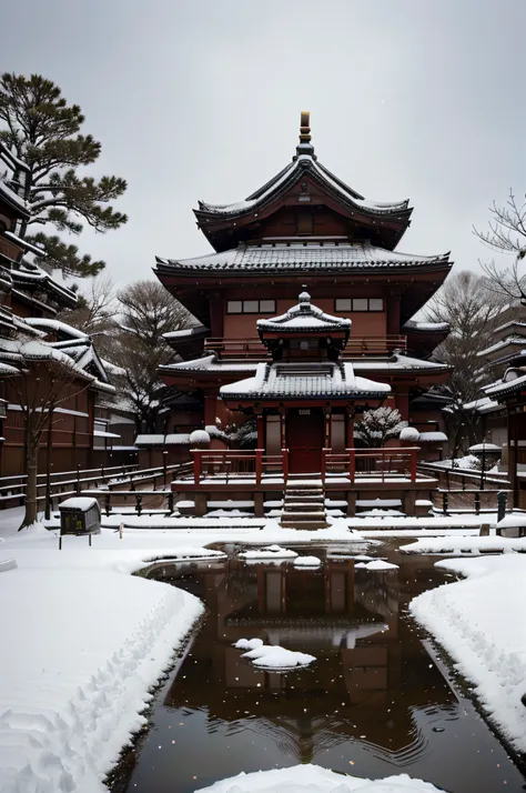 snowy japan temple, majestic, beautiful