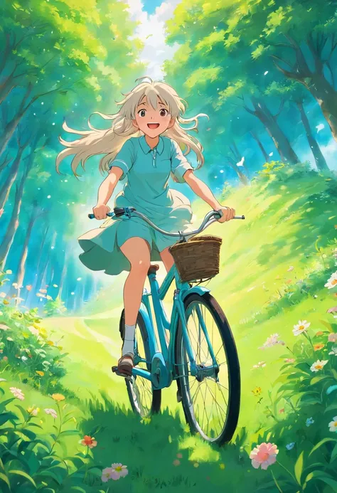 1girll，Riding a bicycle，long whitr hair，On the grass，Look up at the perspective，Happy smile