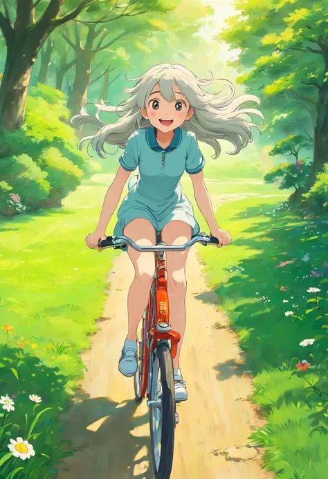 1girll，Riding a bicycle，long whitr hair，On the grass，Look up at the perspective，Happy smile