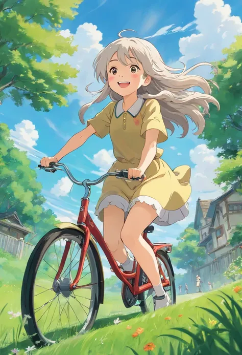 1girll，Riding a bicycle，long whitr hair，On the grass，Look up at the perspective，Happy smile