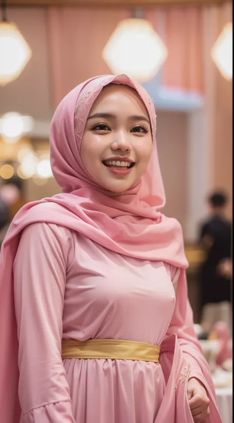 Beautiful malay girl standing and laughing, happy, nighttime dinner, hotel dinner stage ballroom, (mira filzah:1.3), wearing hijab, pastel color hijab, wear pink princess dress, small tits, small breast, flat chest, wide waist, thick thighs, bright lightin...