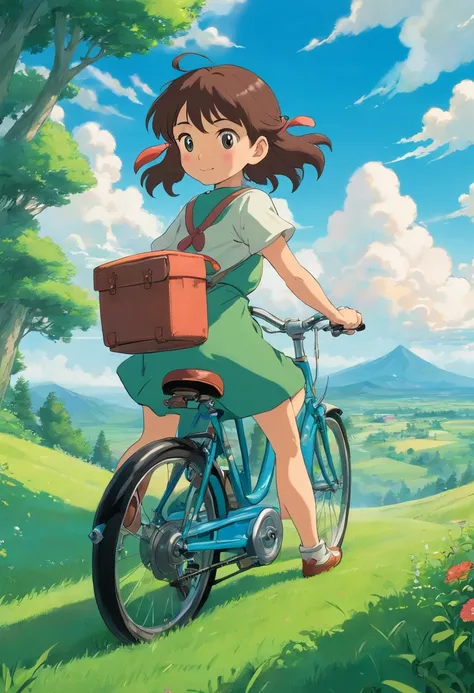 a cute girl on a bike with green grass and clouds in the background, in the style of charming anime

characters, ghibli studio style, romanticized

landscapes, adventure themed, less detail, cartoon --ar 3:4 --niji 5