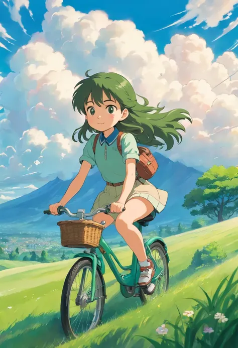 a cute girl on a bike with green grass and clouds in the background, in the style of charming anime

characters, ghibli studio style, romanticized

landscapes, adventure themed, less detail, cartoon --ar 3:4 --niji 5