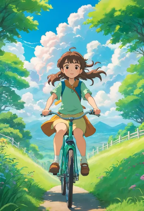 A cute girl riding a bicycle，The background is green grass and clouds, Charming anime character style, In Studio Ghibli style, romanticized landscape, Adventure theme, Less detail, Cartoon - AR 3:4——Rainbow 5