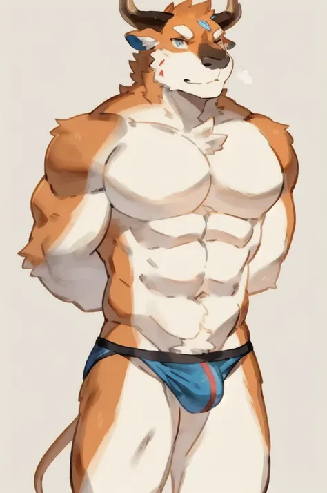 Solo, Furry, Bull, Anthro, Male, E621, Standing, Muscular, Hands behind back, Wearing underwear, Front view, Plain background, Front view, Clara fur, By buta99