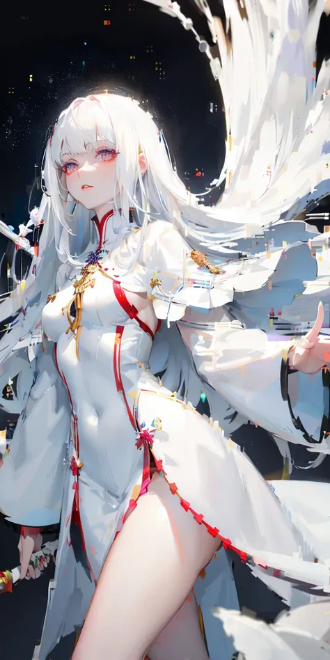 White hair, White skin, Albino women, Bangs, Long hair, White clothes, coat, spear, girl with weapon slim cute flame