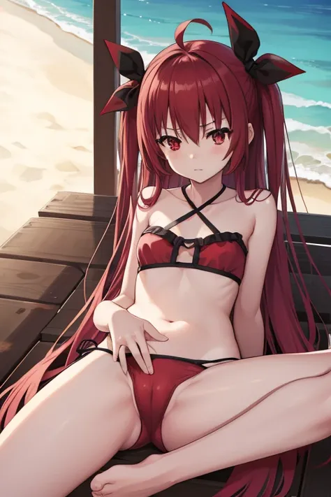 Kotoriitsuka, Kotori Itsuka, Long hair, (red eyes:1.5), Redhead, Quality, Masterpiece, Best Quality ,1girl, Masterpiece, (high quality:1.4), (high resolution), cinematic lighting, nsfw, 1girl , solo, see-through, see-through red bikini swimwear, beach, out...