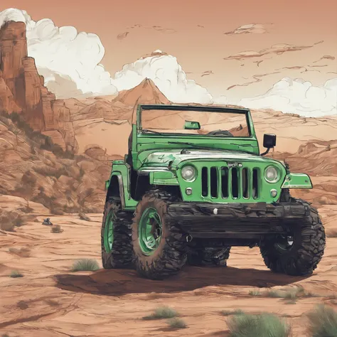 /Imagine Prompt: Design a ROUND logo animation for an off-road club page in the form of a jeep climbing a muddy mountain . written below it "hill trail", Bold outline style, jagged, Trashcore, Light Shading - V 5.2，（（Mint green metallic car body））