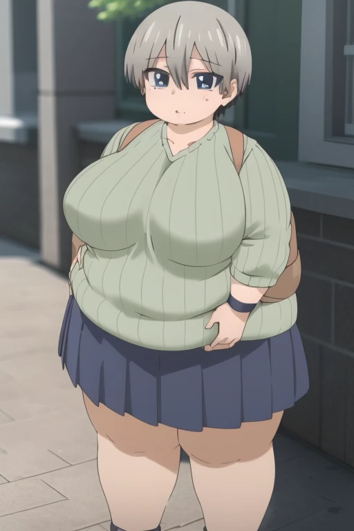 1girl,oh®́è±,short hair,blue eyes,bangs,skin fang,grey hair,fang,hair between eyes,large breasts,  fat girl, obese
pleated skirt,blue skirt,green sweater,long sleeves,collarbone,ribbed sweater,v-neck,green shirt, big cheeks, obese, fat arms, fat belly, thi...