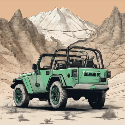 /Imagine Prompt: Design a ROUND logo animation for an off-road club page in the form of a jeep climbing a muddy mountain . written below it "hill trail", Bold outline style, jagged, Trashcore, Light Shading - V 5.2，（（Mint green metallic car body））