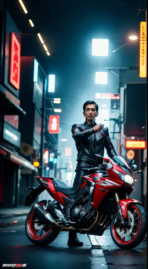 cyber punk Jokowi Indonesian, motor bike,(top-quality、8K、32K、​masterpiece)、(The ultra -The high-definition)、(Photorealsitic:1.4), dynamic pose, cowboy shot, cyberpunk fashion,depth of fields, cyberpunk city background, cinematic lighting.