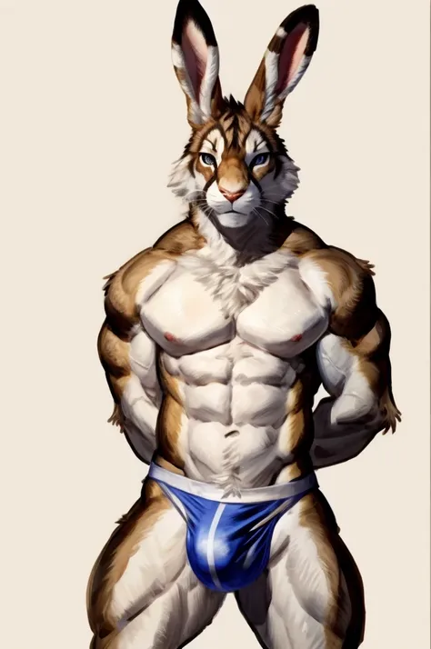 Solo, Furry, Rabbit, Anthro, Male, E621, Standing, Muscular, Hands behind back, Wearing underwear, Front view, Plain background, Front view, Clara fur, By buta99