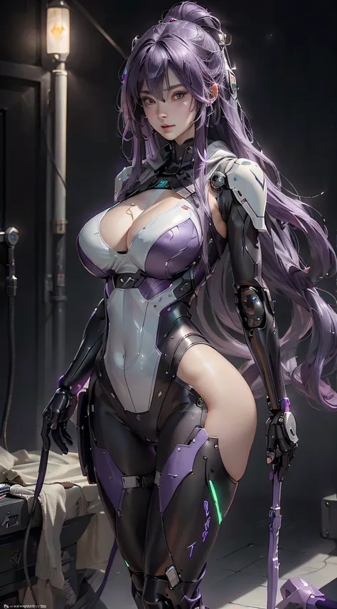 ((Highest quality)), ((tmasterpiece)), (the detail:1.4), (((Translucent black material with mechanical parts and transparent skin，Beautiful woman posing in cybernetic suit made of gray carbon material))), (((LED brightness is dim))), ((Open the chest)), Th...