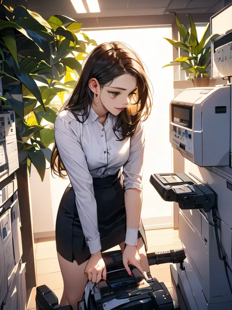 (looking away, shift off center, cinematic perspective), 1woman, (((Precise facial depiction))), (((X stands for the copy machine in this prompt))), ((put on her crotch X))), (orgasm face), ((wearing suit)), small earrings, small breast, tight skirt, ((pla...