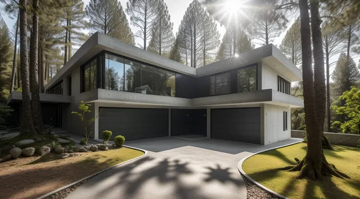 dvArchModern, 85mm, f1.8, portrait, photo realistic, hyperrealistic, orante, super detailed, intricate, dramatic,sunlight lighting, shadows, high dynamic range, (Villa in the forest), concrete house, masterpiece,best quality,(8k, RAW photo:1.2),(( ultra re...