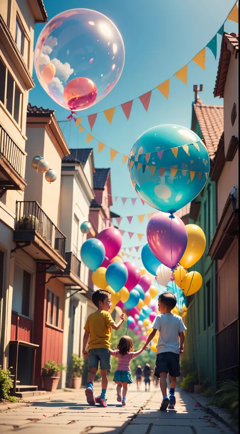 colorful image background with several different children playing with balloons, image format 16:9 --auto --s2