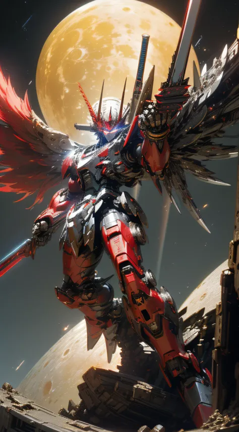 top-quality、Top image quality、​masterpiece、hiquality、Beautiful Art、masutepiece、visualart、depth of fields、Giant Mecha((Black and red body、left arm machine gun、Right Arm Laser Sword、Glowing chest、mechanical silver wings、blue eyess、spiny feet)),Background wit...