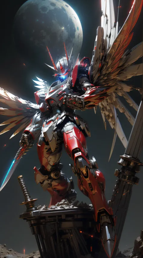 top-quality、Top image quality、​masterpiece、hiquality、Beautiful Art、masutepiece、visualart、depth of fields、Giant Mecha((Black and red body、left arm machine gun、Right Arm Laser Sword、Glowing chest、mechanical silver wings、blue eyess、spiny feet)),Background wit...