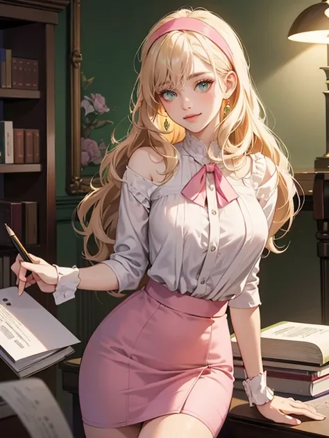 mature woman, medium breasts, pale blonde hair with bangs, wavy hair falling down the shoulders, green eyes, pink lips color, seduce smile, blush, naughty face, wearing red headband, wearing white sleeve-less blouse and pink pencil skirt, Surrealism, anime...