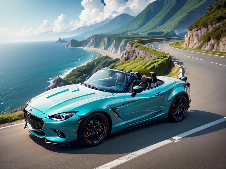 超A high resolution、An ultra-high picture quality、8K、Detailed details、marvelous expression、early summer coastline、Beautiful fresh greenery and lapping waves、A white car elegantly runs along a mountain pass road built along the coast.、((Mazda Roadster 3500GT...