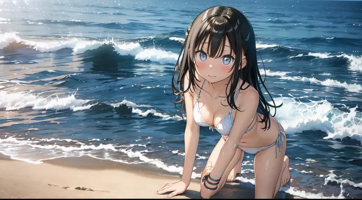 a girl、high teen female、a picture、realisticlying、top-quality、adopt、A detailed face、the beach、Southland、full body Esbian、White Bikini、a detailed backgrounds、diffuse sunlight、depth of fields、Bokeh,dutch angle